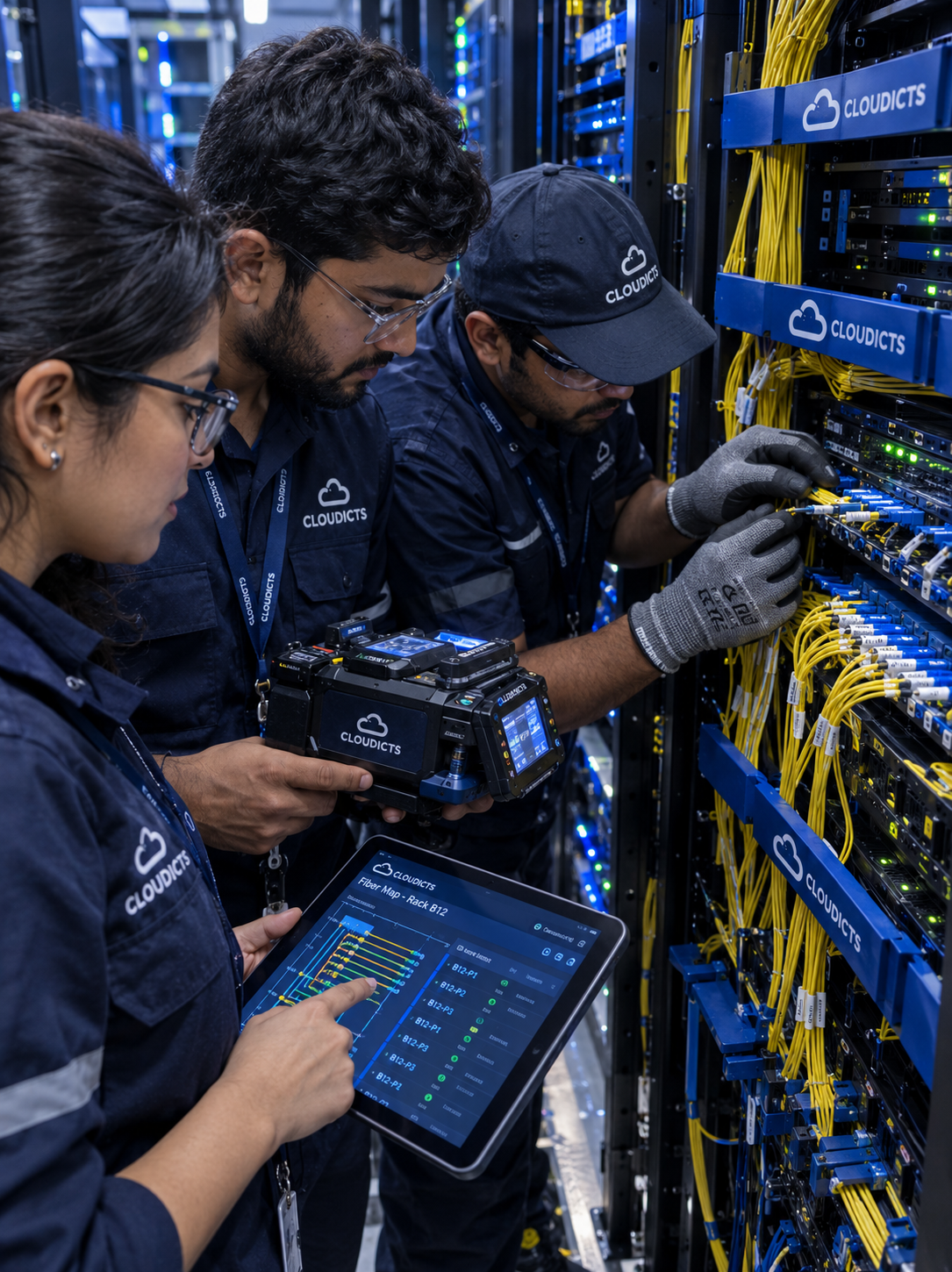 Cloud Technicians Managing Fiber Connections